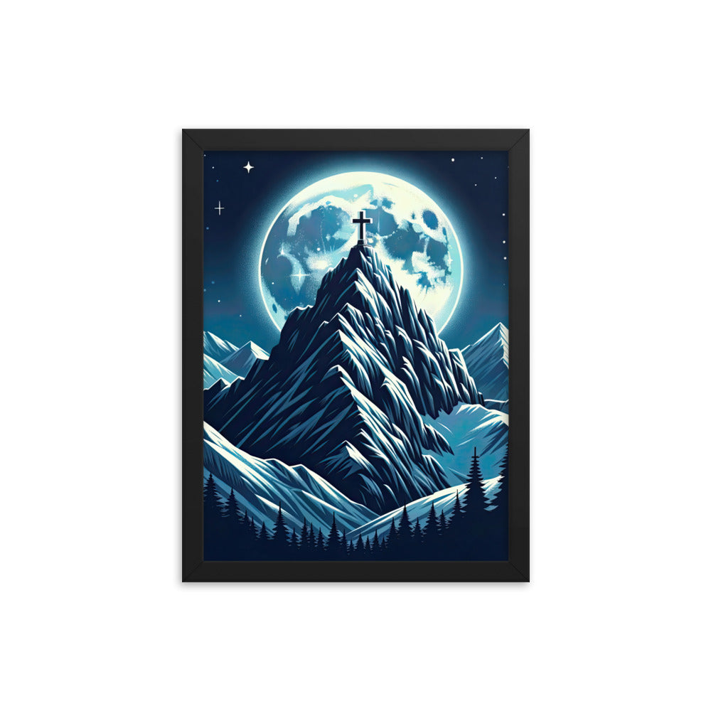 Mondnacht und Gipfelkreuz in den Alpen, glitzernde Schneegipfel - Premium Poster mit Rahmen berge xxx yyy zzz 30.5 x 40.6 cm