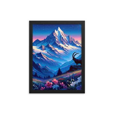 Steinbock bei Dämmerung in den Alpen, sonnengeküsste Schneegipfel - Premium Poster mit Rahmen berge xxx yyy zzz 30.5 x 40.6 cm