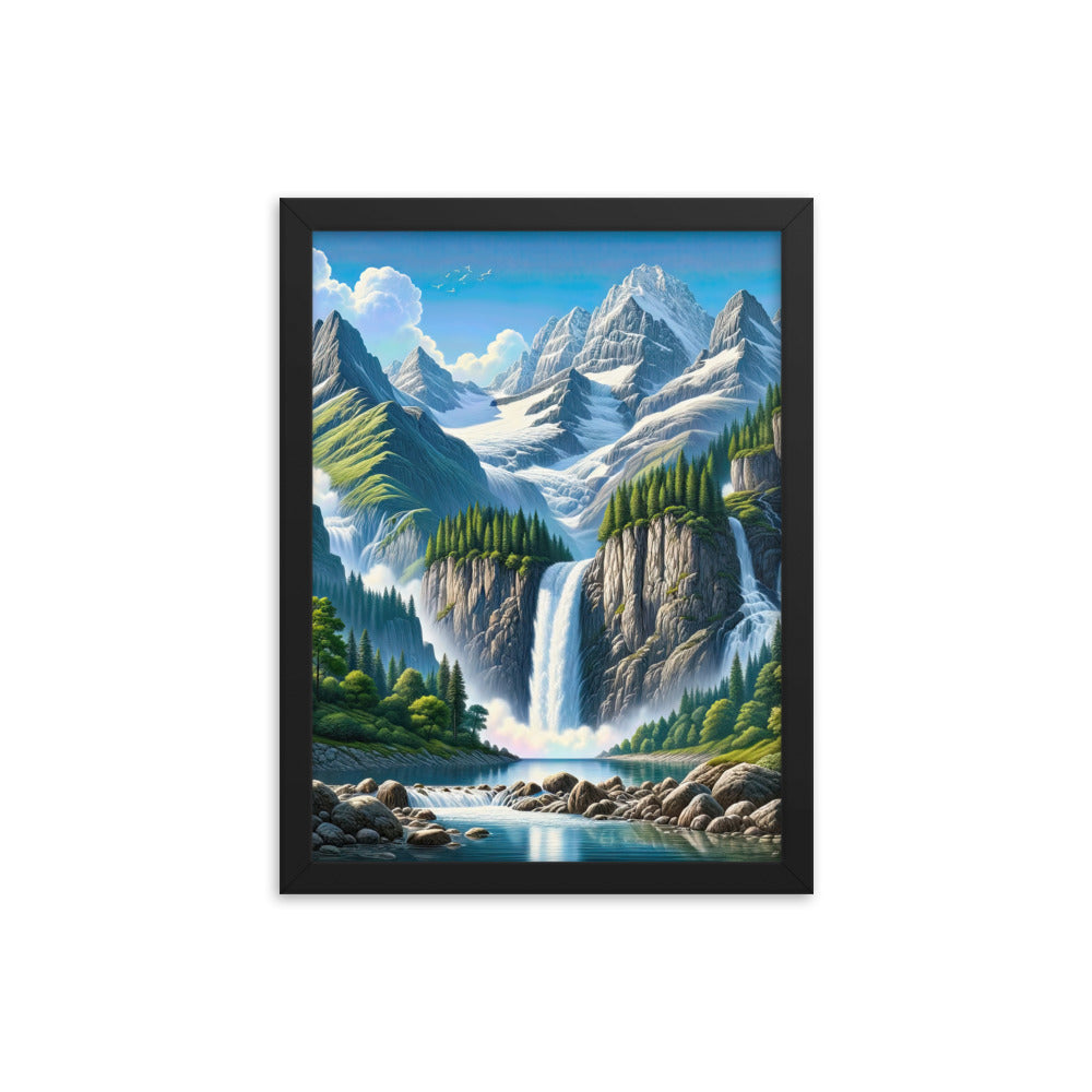 Illustration einer unberührten Alpenkulisse im Hochsommer. Wasserfall und See - Premium Poster mit Rahmen berge xxx yyy zzz 30.5 x 40.6 cm