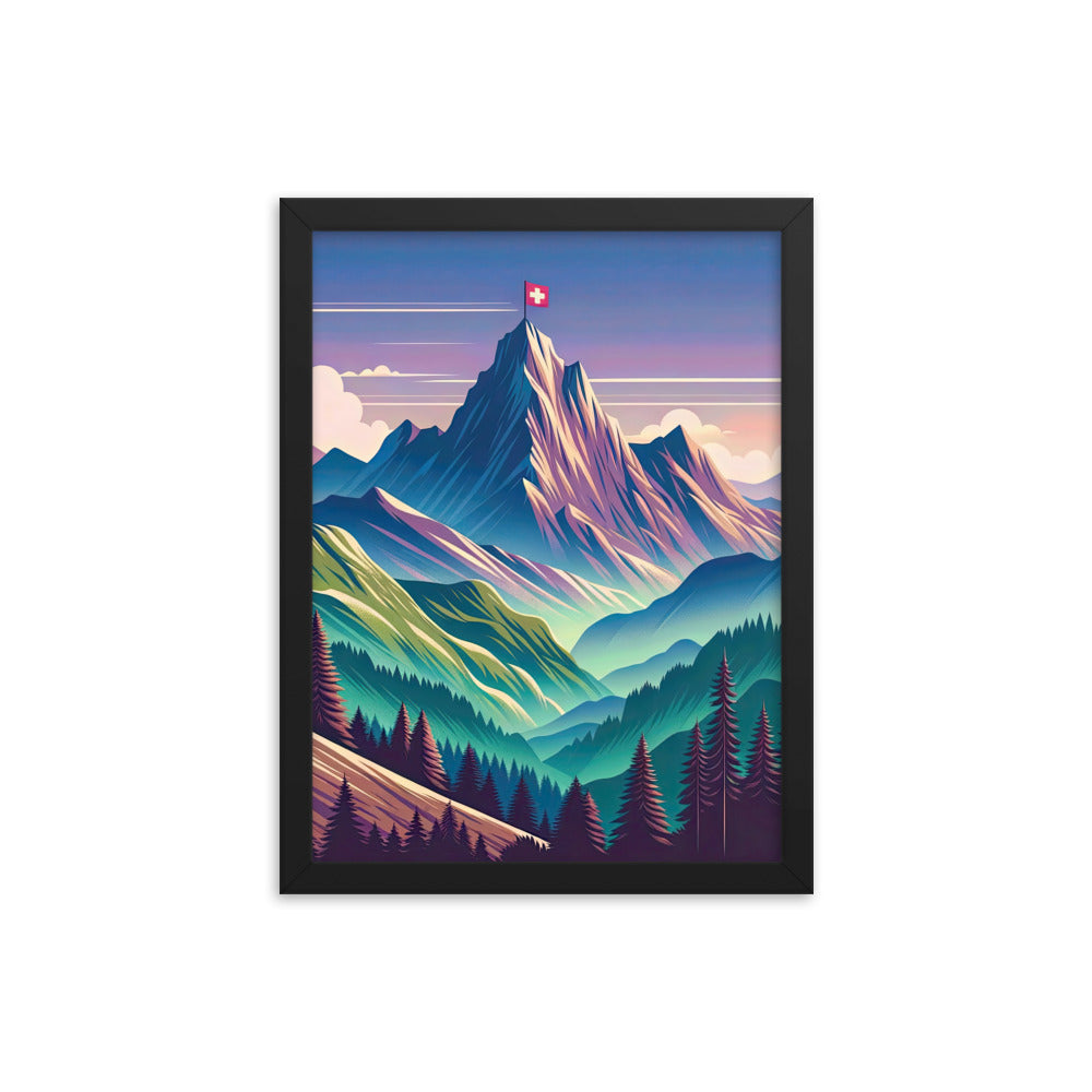 Harmonische Berglandschaft mit Schweizer Flagge auf Gipfel - Premium Poster mit Rahmen berge xxx yyy zzz 30.5 x 40.6 cm