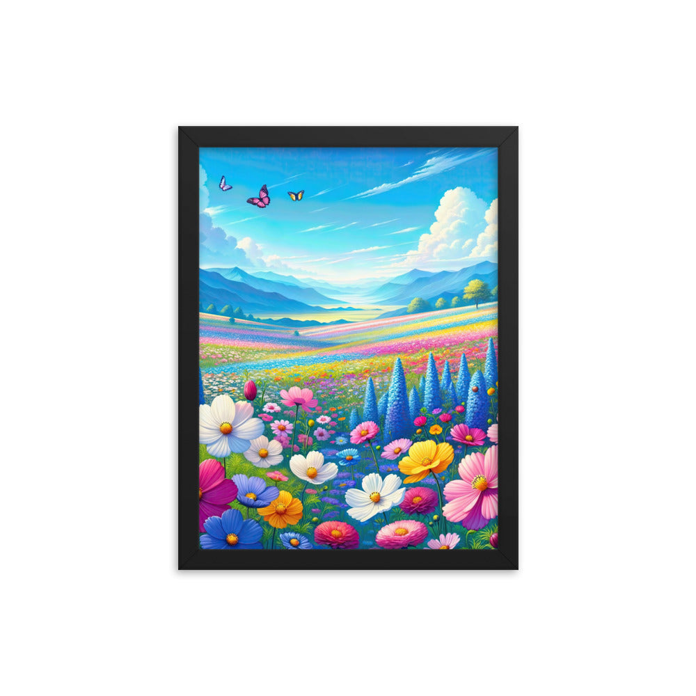Weitläufiges Blumenfeld unter himmelblauem Himmel, leuchtende Flora - Premium Poster mit Rahmen camping xxx yyy zzz 30.5 x 40.6 cm