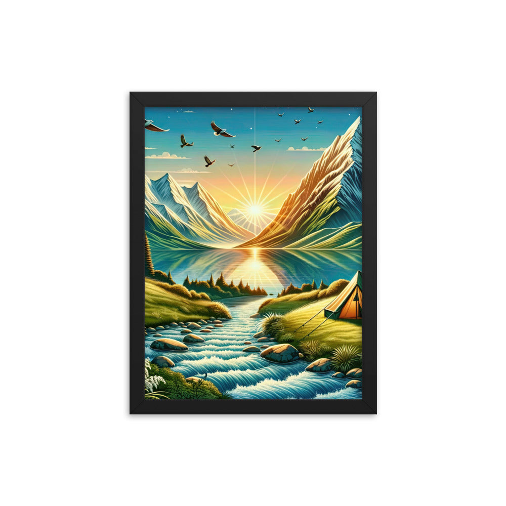 Zelt im Alpenmorgen mit goldenem Licht, Schneebergen und unberührten Seen - Premium Poster mit Rahmen berge xxx yyy zzz 30.5 x 40.6 cm