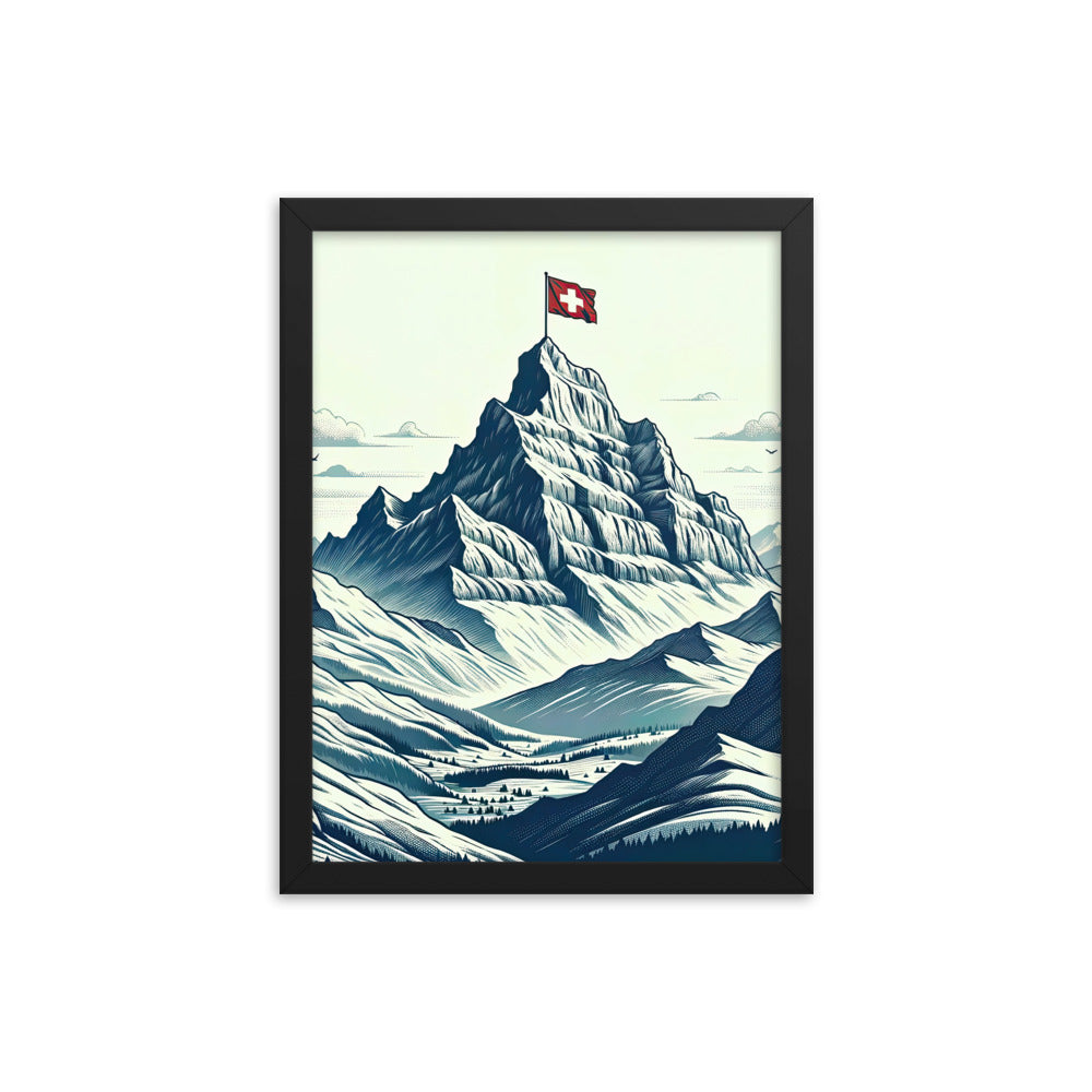 Ausgedehnte Bergkette mit dominierendem Gipfel und wehender Schweizer Flagge - Premium Poster mit Rahmen berge xxx yyy zzz 30.5 x 40.6 cm