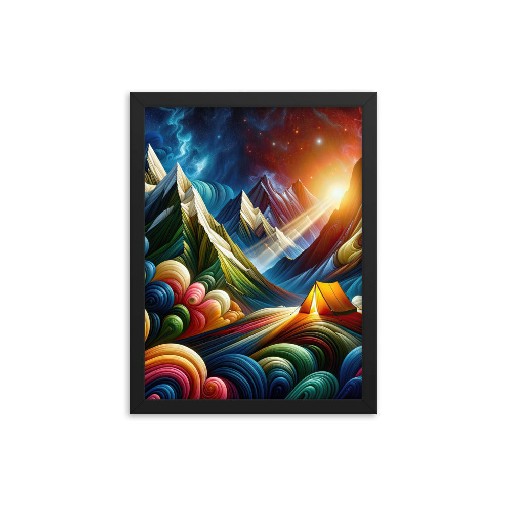 Abstrakte Bergwelt in lebendigen Farben mit Zelt - Premium Poster mit Rahmen camping xxx yyy zzz 30.5 x 40.6 cm