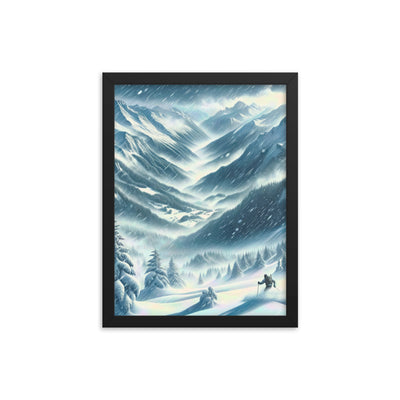 Alpine Wildnis im Wintersturm mit Skifahrer, verschneite Landschaft - Premium Poster mit Rahmen klettern ski xxx yyy zzz 30.5 x 40.6 cm
