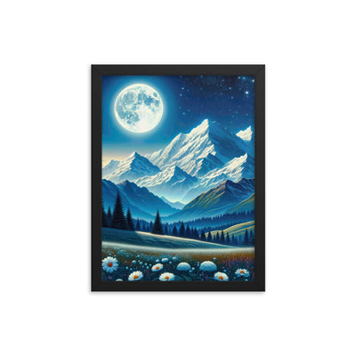 Klare frühlingshafte Alpennacht mit Blumen und Vollmond über Schneegipfeln - Premium Poster mit Rahmen berge xxx yyy zzz 30.5 x 40.6 cm