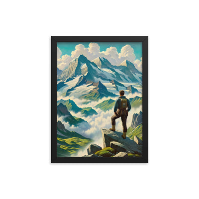Panoramablick der Alpen mit Wanderer auf einem Hügel und schroffen Gipfeln - Premium Poster mit Rahmen wandern xxx yyy zzz 30.5 x 40.6 cm