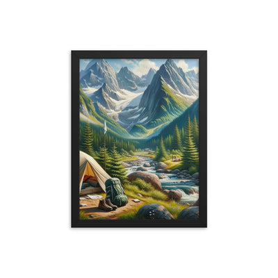 Ölgemälde der Alpensommerlandschaft mit Zelt, Gipfeln, Wäldern und Bächen - Premium Poster mit Rahmen camping xxx yyy zzz 30.5 x 40.6 cm