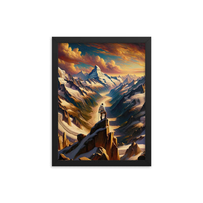 Ölgemälde eines Wanderers auf einem Hügel mit Panoramablick auf schneebedeckte Alpen und goldenen Himmel - Enhanced Matte Paper Framed wandern xxx yyy zzz 30.5 x 40.6 cm