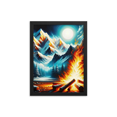 Ölgemälde von Feuer und Eis: Lagerfeuer und Alpen im Kontrast, warme Flammen - Premium Poster mit Rahmen camping xxx yyy zzz 30.5 x 40.6 cm