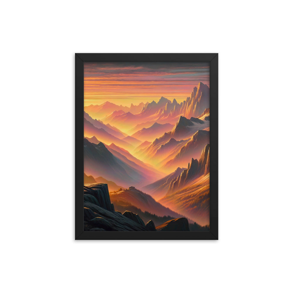 Ölgemälde der Alpen in der goldenen Stunde mit Wanderer, Orange-Rosa Bergpanorama - Premium Poster mit Rahmen wandern xxx yyy zzz 30.5 x 40.6 cm
