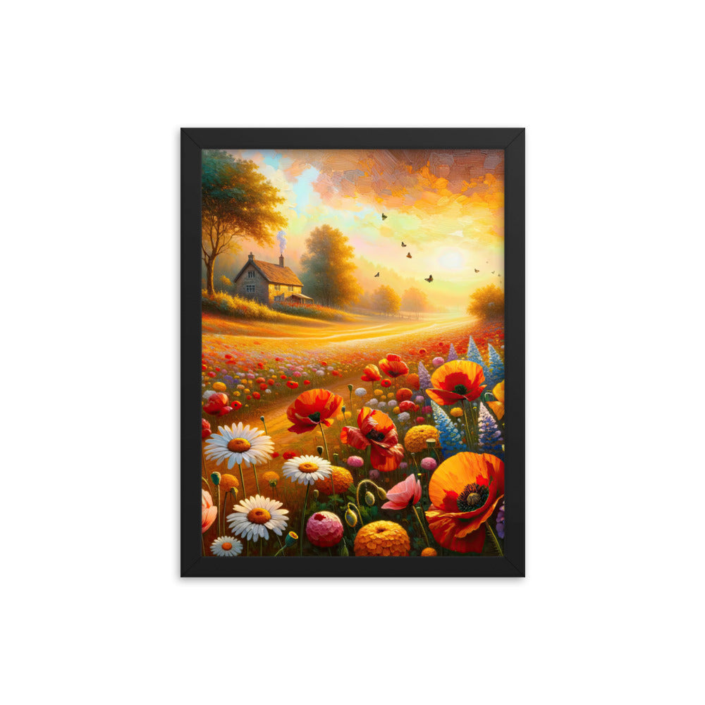 Ölgemälde eines Blumenfeldes im Sonnenuntergang, leuchtende Farbpalette - Premium Poster mit Rahmen camping xxx yyy zzz 30.5 x 40.6 cm