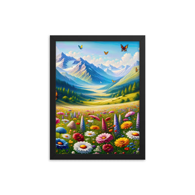 Ölgemälde einer ruhigen Almwiese, Oase mit bunter Wildblumenpracht - Premium Poster mit Rahmen camping xxx yyy zzz 30.5 x 40.6 cm