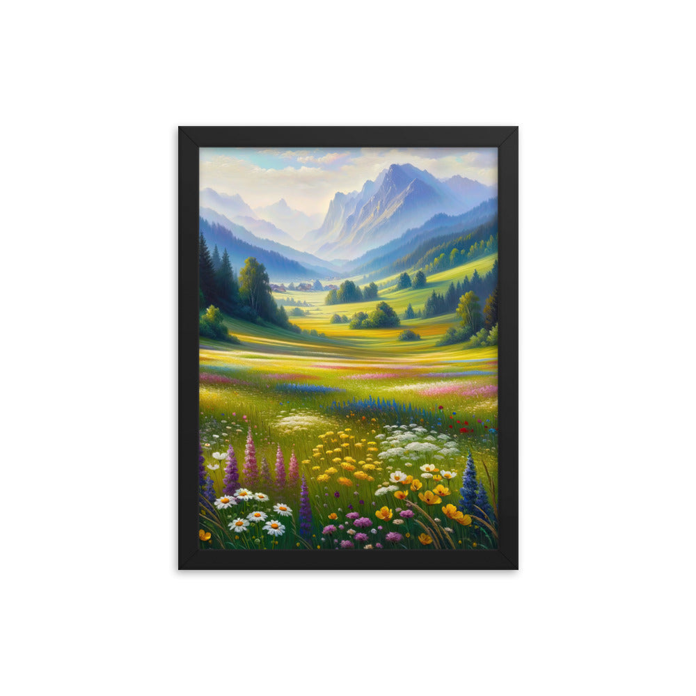 Ölgemälde einer Almwiese, Meer aus Wildblumen in Gelb- und Lilatönen - Premium Poster mit Rahmen berge xxx yyy zzz 30.5 x 40.6 cm