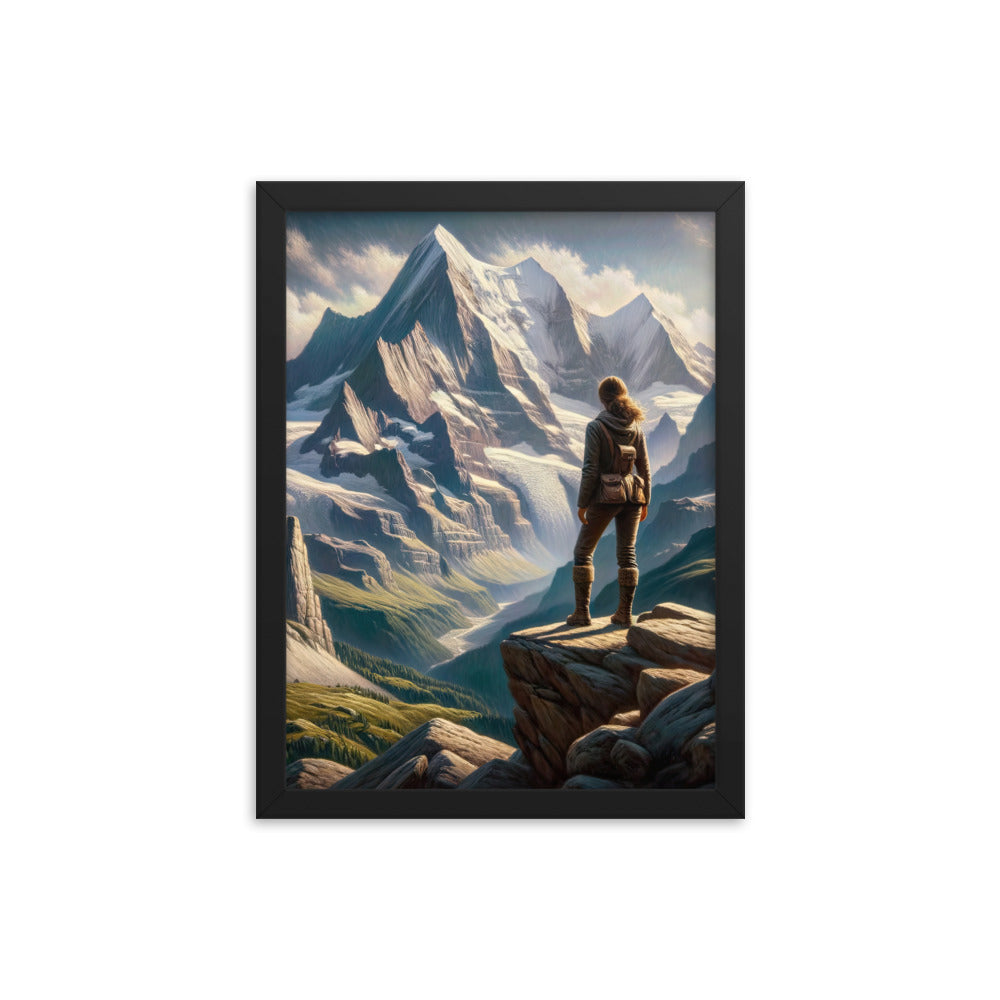 Ölgemälde der Alpengipfel mit Schweizer Abenteurerin auf Felsvorsprung - Premium Poster mit Rahmen wandern xxx yyy zzz 30.5 x 40.6 cm
