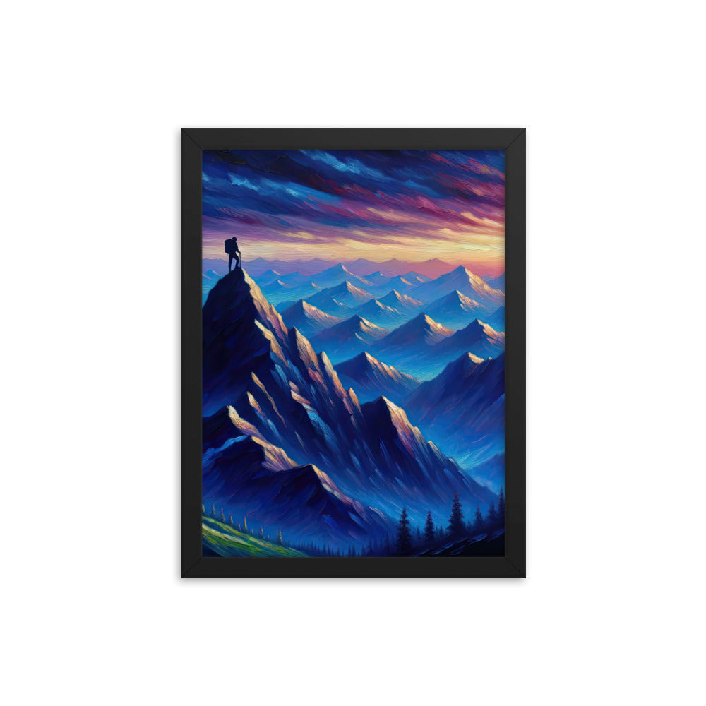 Ölgemälde eines ruhigen Alpenabends mit Bergsteigersilhouette auf dem Gipfel - Premium Poster mit Rahmen wandern xxx yyy zzz 30.5 x 40.6 cm