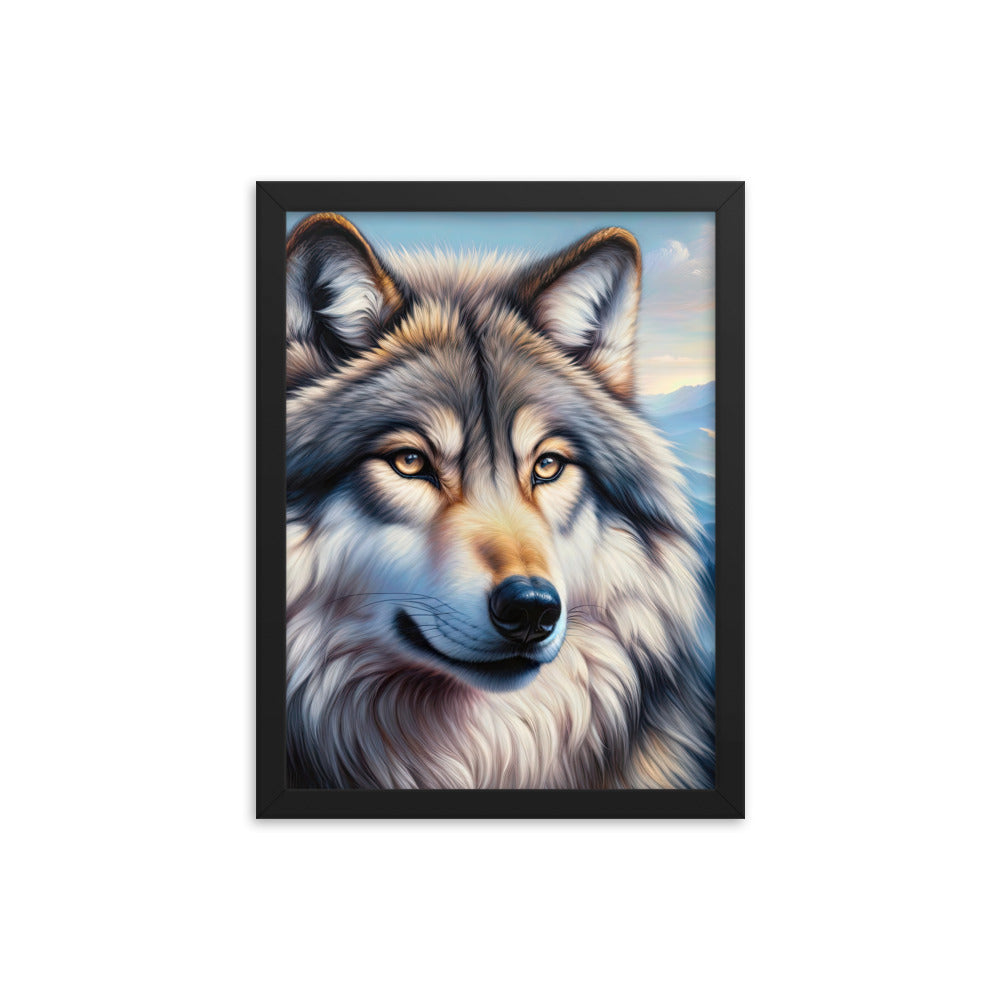 Ölgemäldeporträt eines majestätischen Wolfes mit intensiven Augen in der Berglandschaft (AN) - Premium Poster mit Rahmen xxx yyy zzz 30.5 x 40.6 cm