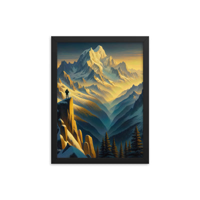 Ölgemälde eines Wanderers bei Morgendämmerung auf Alpengipfeln mit goldenem Sonnenlicht - Premium Poster mit Rahmen wandern xxx yyy zzz 30.5 x 40.6 cm