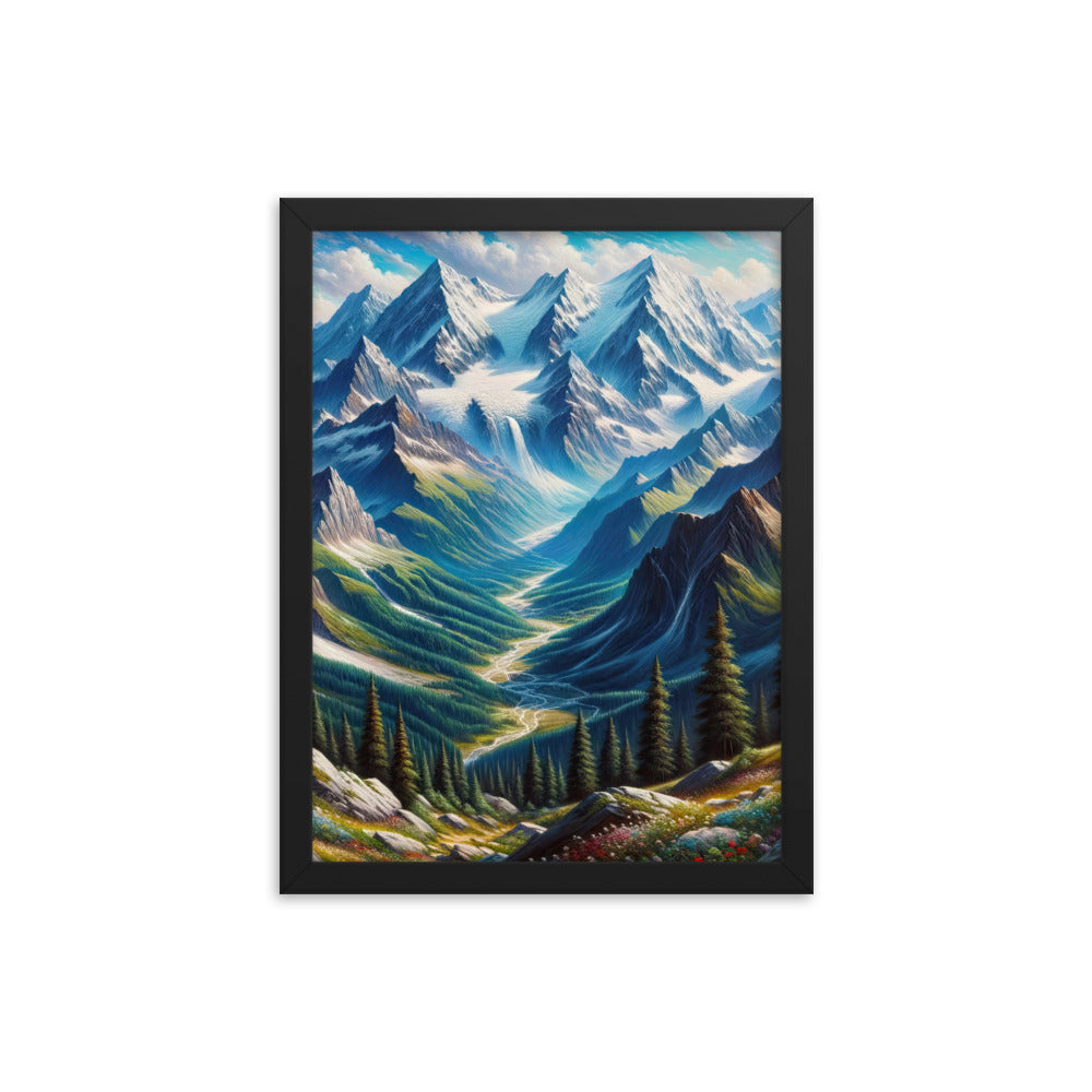 Panorama-Ölgemälde der Alpen mit schneebedeckten Gipfeln und schlängelnden Flusstälern - Premium Poster mit Rahmen berge xxx yyy zzz 30.5 x 40.6 cm