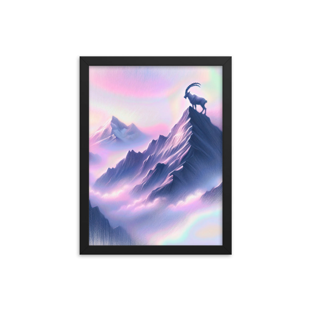 Pastellzeichnung der Alpen im Morgengrauen mit Steinbock in Rosa- und Lavendeltönen - Premium Poster mit Rahmen berge xxx yyy zzz 30.5 x 40.6 cm