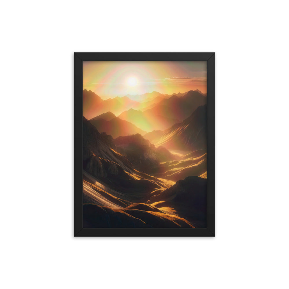 Foto der goldenen Stunde in den Bergen mit warmem Schein über zerklüftetem Gelände - Premium Poster mit Rahmen berge xxx yyy zzz 30.5 x 40.6 cm