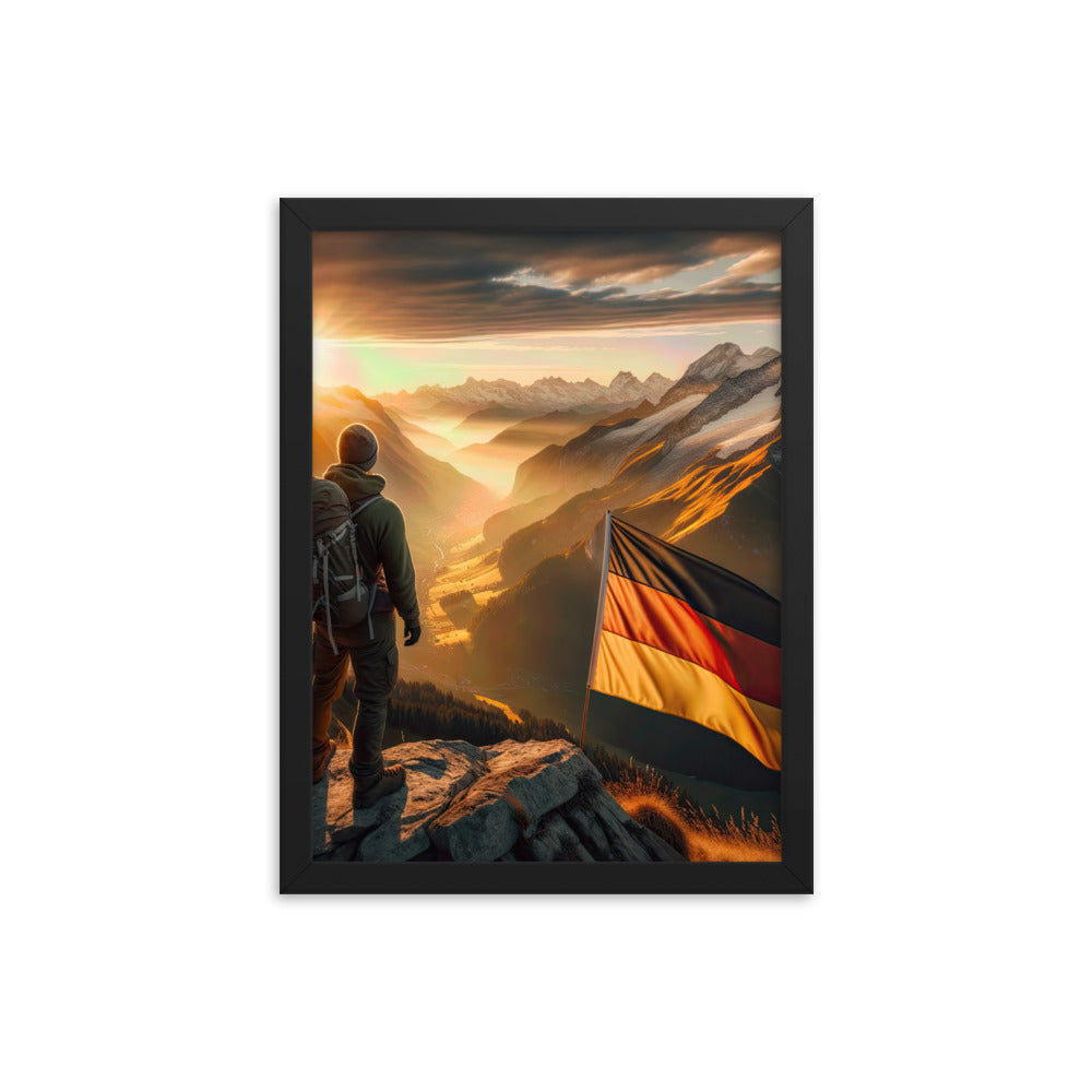 Foto der Alpen bei Sonnenuntergang mit deutscher Flagge und Wanderer, goldenes Licht auf Schneegipfeln - Enhanced Matte Paper Framed berge xxx yyy zzz 30.5 x 40.6 cm