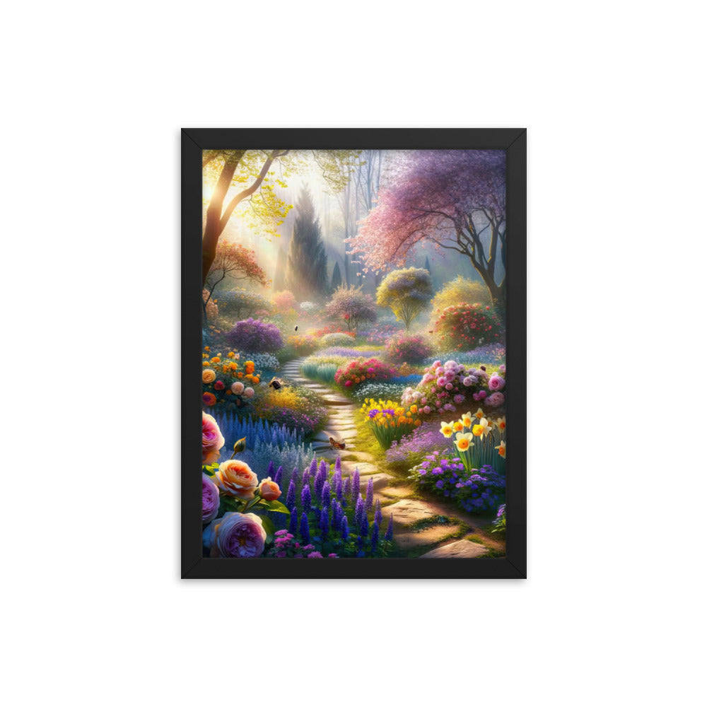 Foto einer Gartenszene im Frühling mit Weg durch blühende Rosen und Veilchen - Premium Poster mit Rahmen camping xxx yyy zzz 30.5 x 40.6 cm