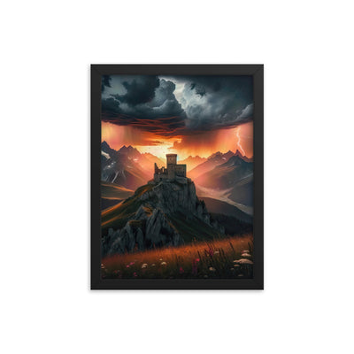 Foto einer Alpenburg bei stürmischem Sonnenuntergang, dramatische Wolken und Sonnenstrahlen - Premium Poster mit Rahmen berge xxx yyy zzz 30.5 x 40.6 cm