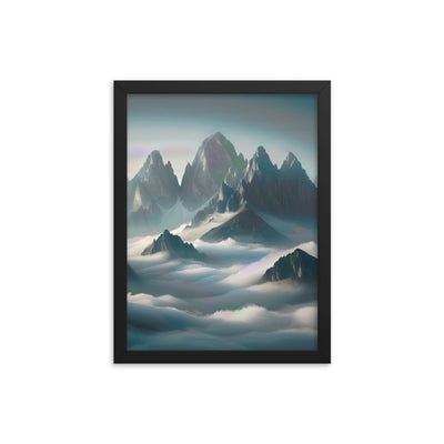 Foto eines nebligen Alpenmorgens, scharfe Gipfel ragen aus dem Nebel - Premium Poster mit Rahmen berge xxx yyy zzz 30.5 x 40.6 cm