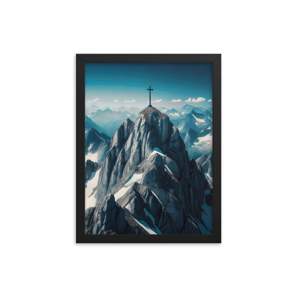 Foto der Alpen mit Gipfelkreuz an einem klaren Tag, schneebedeckte Spitzen vor blauem Himmel - Premium Poster mit Rahmen berge xxx yyy zzz 30.5 x 40.6 cm