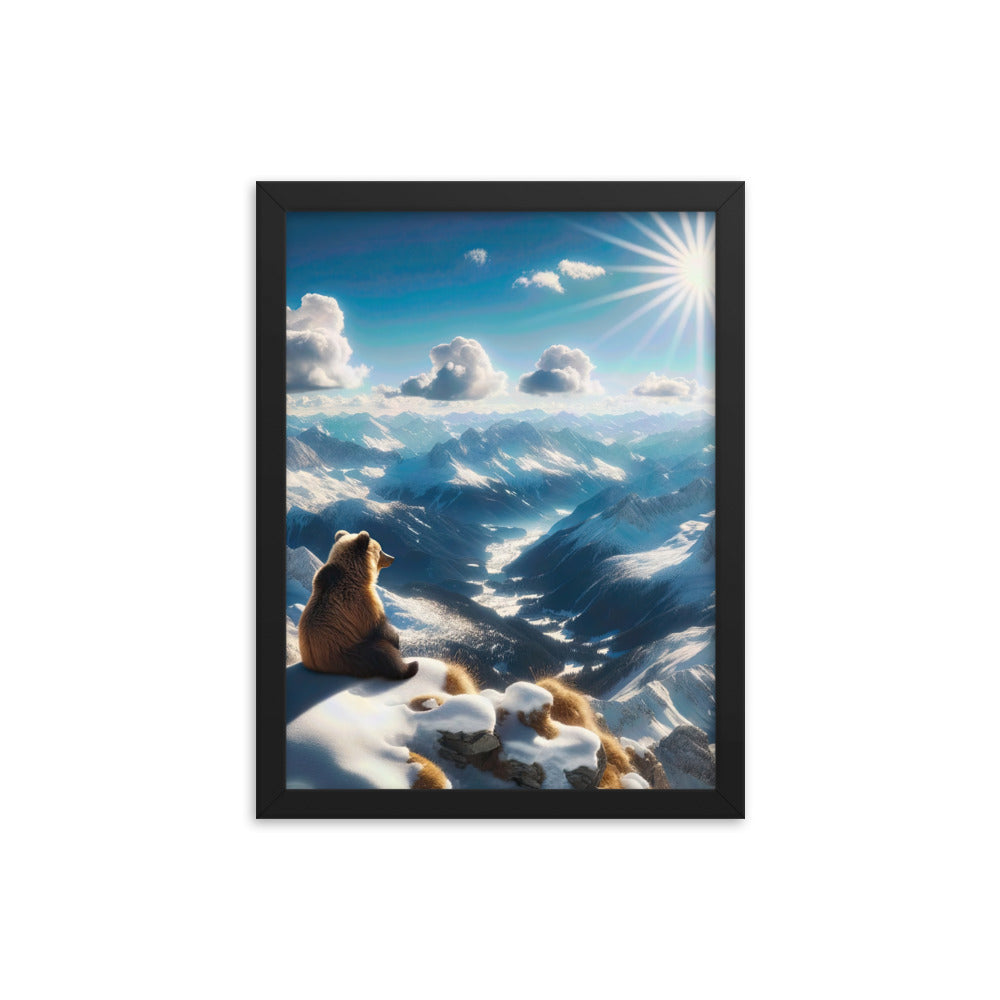 Foto der Alpen im Winter mit Bären auf dem Gipfel, glitzernder Neuschnee unter der Sonne - Premium Poster mit Rahmen camping xxx yyy zzz 30.5 x 40.6 cm