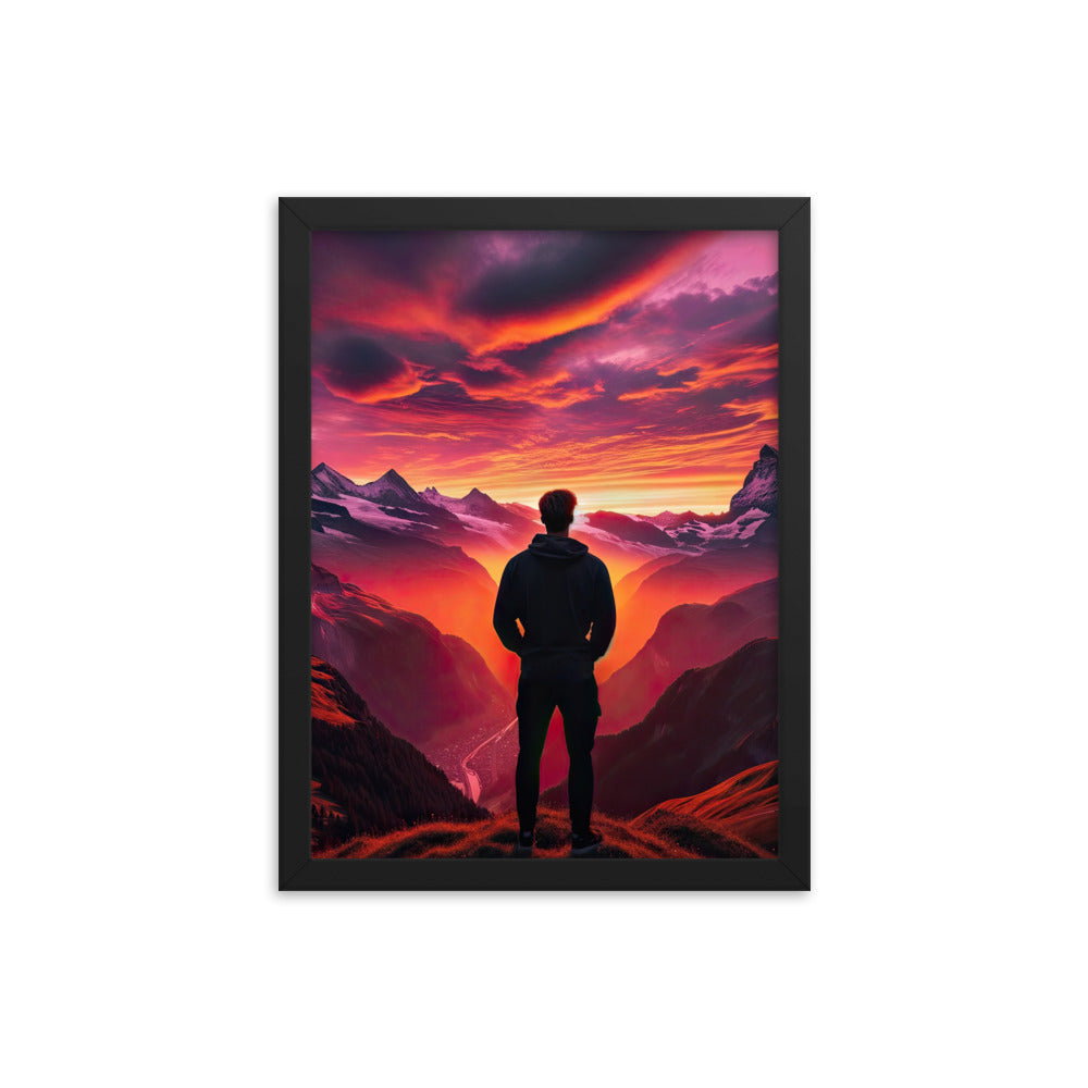Foto der Schweizer Alpen im Sonnenuntergang, Himmel in surreal glänzenden Farbtönen - Premium Poster mit Rahmen wandern xxx yyy zzz 30.5 x 40.6 cm