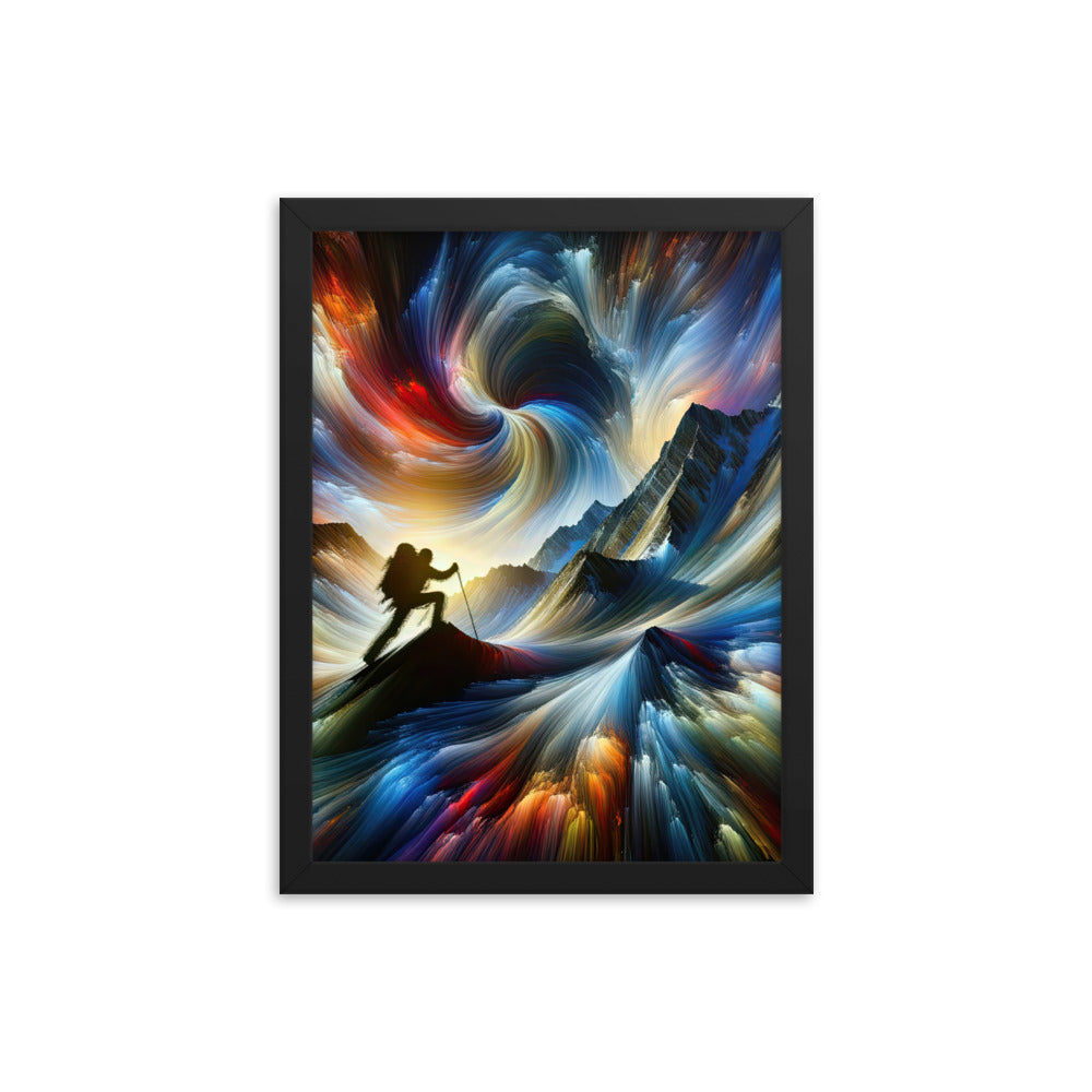 Foto der Alpen in abstrakten Farben mit Bergsteigersilhouette - Premium Poster mit Rahmen wandern xxx yyy zzz 30.5 x 40.6 cm