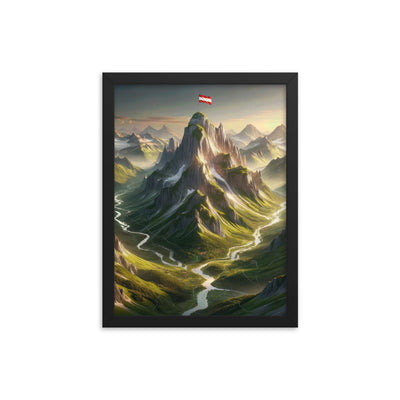 Fotorealistisches Bild der Alpen mit österreichischer Flagge, scharfen Gipfeln und grünen Tälern - Enhanced Matte Paper Framed Poster berge xxx yyy zzz 30.5 x 40.6 cm