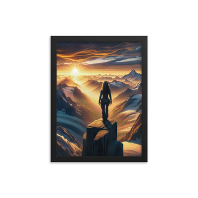 Fotorealistische Darstellung der Alpen bei Sonnenaufgang, Wanderin unter einem gold-purpurnen Himmel - Enhanced Matte Paper Framed wandern xxx yyy zzz 30.5 x 40.6 cm