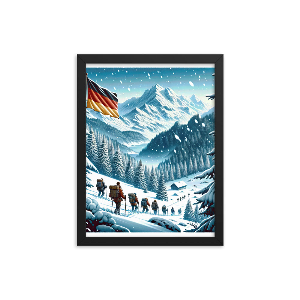 Quadratische Winterillustration der Alpen mit deutscher Flagge und Wanderteam - Premium Poster mit Rahmen wandern xxx yyy zzz 30.5 x 40.6 cm