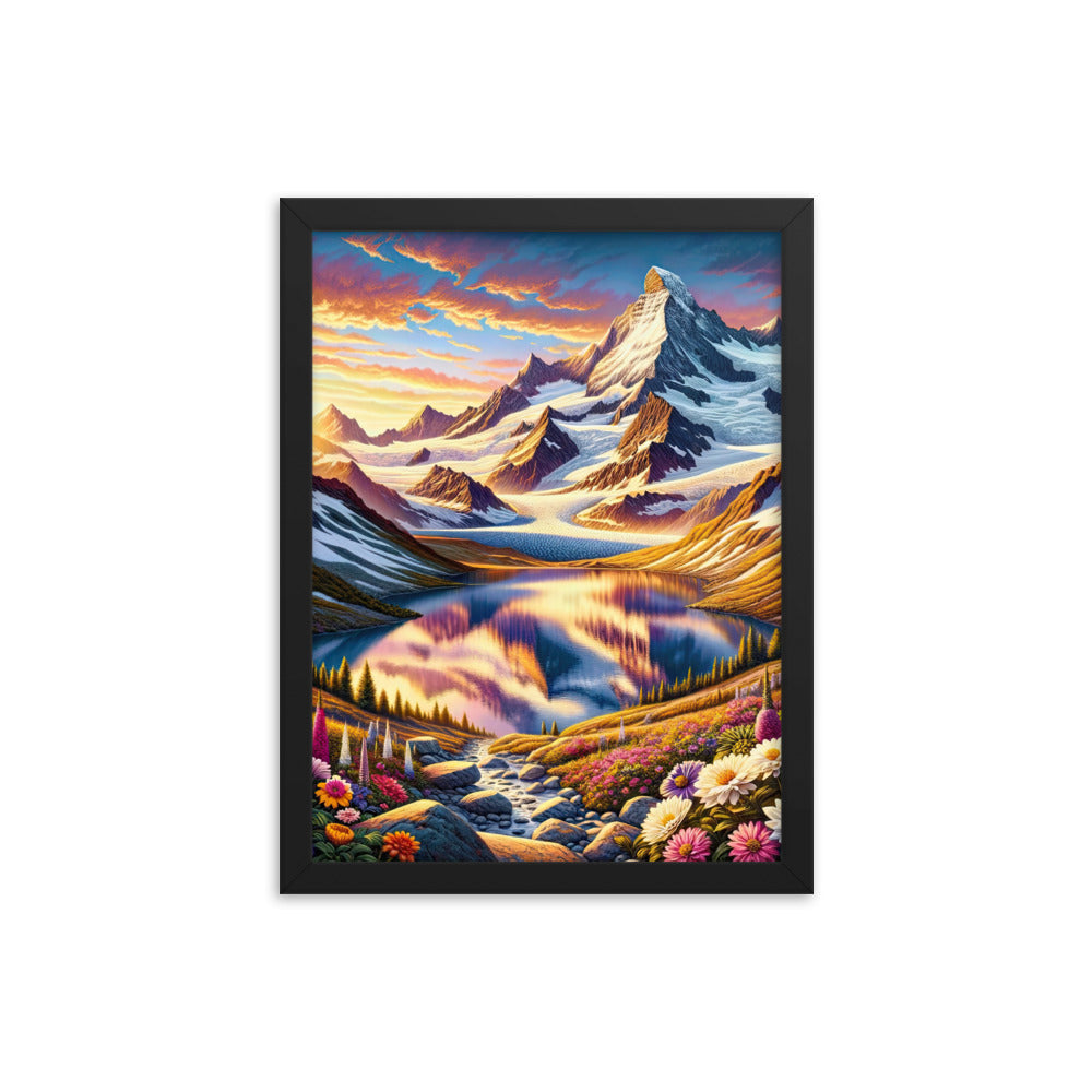 Quadratische Illustration der Alpen mit schneebedeckten Gipfeln und Wildblumen - Premium Poster mit Rahmen berge xxx yyy zzz 30.5 x 40.6 cm