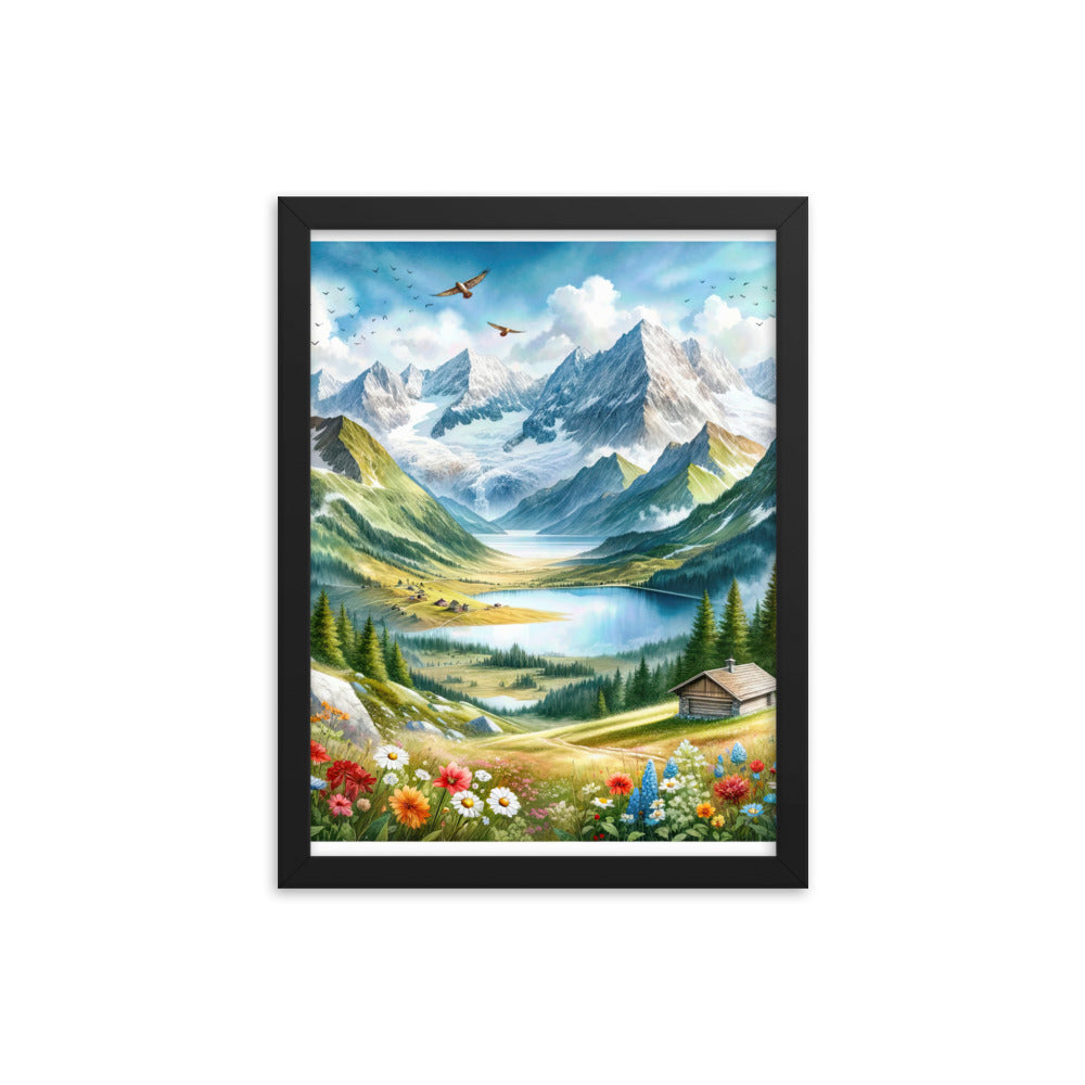 Quadratisches Aquarell der Alpen, Berge mit schneebedeckten Spitzen - Premium Poster mit Rahmen berge xxx yyy zzz 30.5 x 40.6 cm