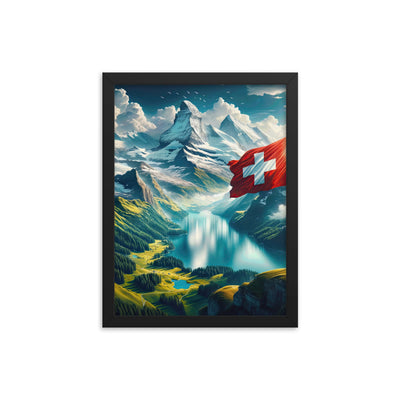Ultraepische, fotorealistische Darstellung der Schweizer Alpenlandschaft mit Schweizer Flagge - Premium Poster mit Rahmen berge xxx yyy zzz 30.5 x 40.6 cm