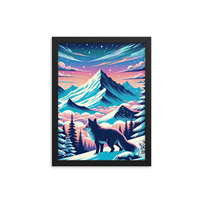 Vektorgrafik eines alpinen Winterwunderlandes mit schneebedeckten Kiefern und einem Fuchs - Premium Poster mit Rahmen camping xxx yyy zzz 30.5 x 40.6 cm