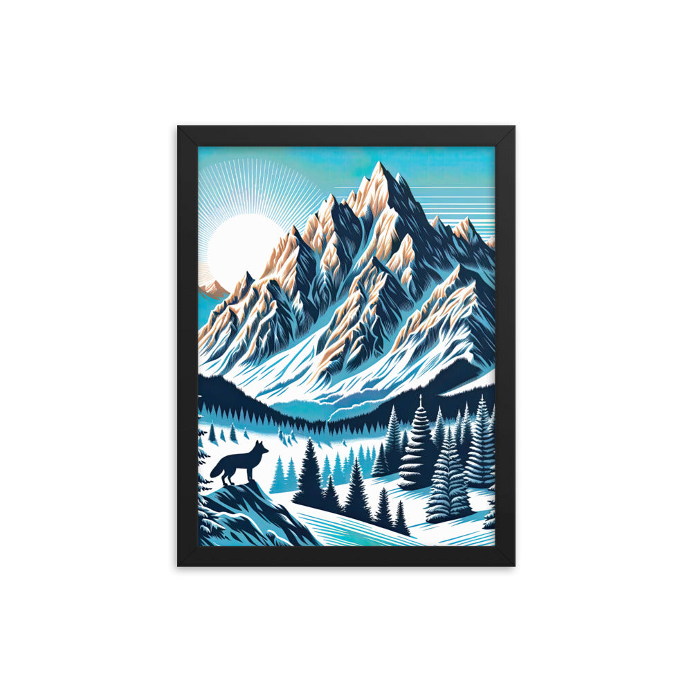 Vektorgrafik eines Wolfes im winterlichen Alpenmorgen, Berge mit Schnee- und Felsmustern - Premium Poster mit Rahmen berge xxx yyy zzz 30.5 x 40.6 cm