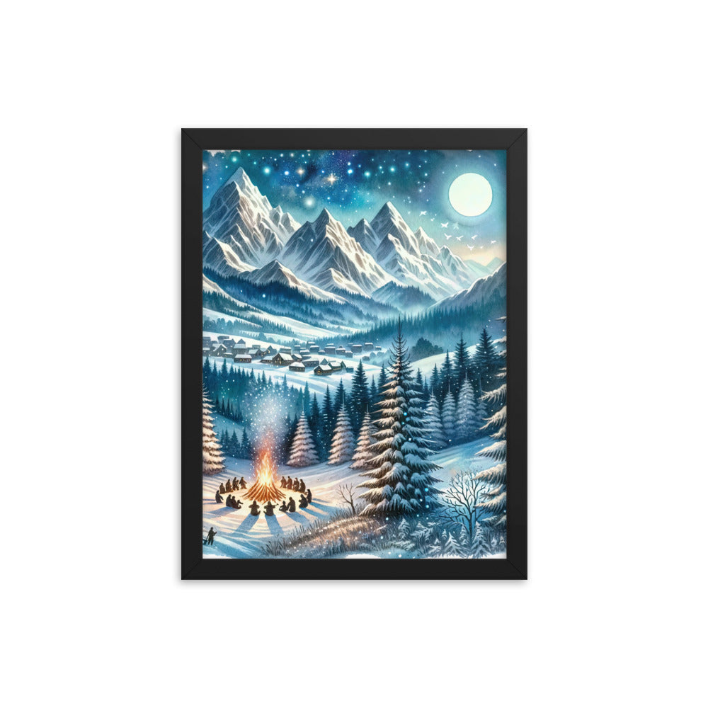 Aquarell eines Winterabends in den Alpen mit Lagerfeuer und Wanderern, glitzernder Neuschnee - Premium Poster mit Rahmen camping xxx yyy zzz 30.5 x 40.6 cm
