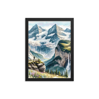 Aquarell-Panoramablick der Alpen mit schneebedeckten Gipfeln, Wasserfällen und Wanderern - Premium Poster mit Rahmen wandern xxx yyy zzz 30.5 x 40.6 cm