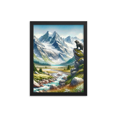 Aquarellmalerei eines Bären und der sommerlichen Alpenschönheit mit schneebedeckten Ketten - Premium Poster mit Rahmen camping xxx yyy zzz 30.5 x 40.6 cm