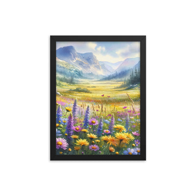 Aquarell einer Almwiese in Ruhe, Wildblumenteppich in Gelb, Lila, Rosa - Premium Poster mit Rahmen berge xxx yyy zzz 30.5 x 40.6 cm
