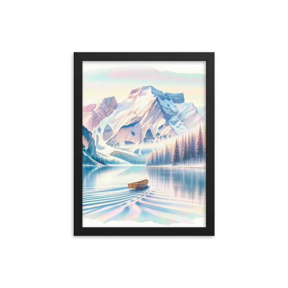 Aquarell eines klaren Alpenmorgens, Boot auf Bergsee in Pastelltönen - Premium Poster mit Rahmen berge xxx yyy zzz 30.5 x 40.6 cm