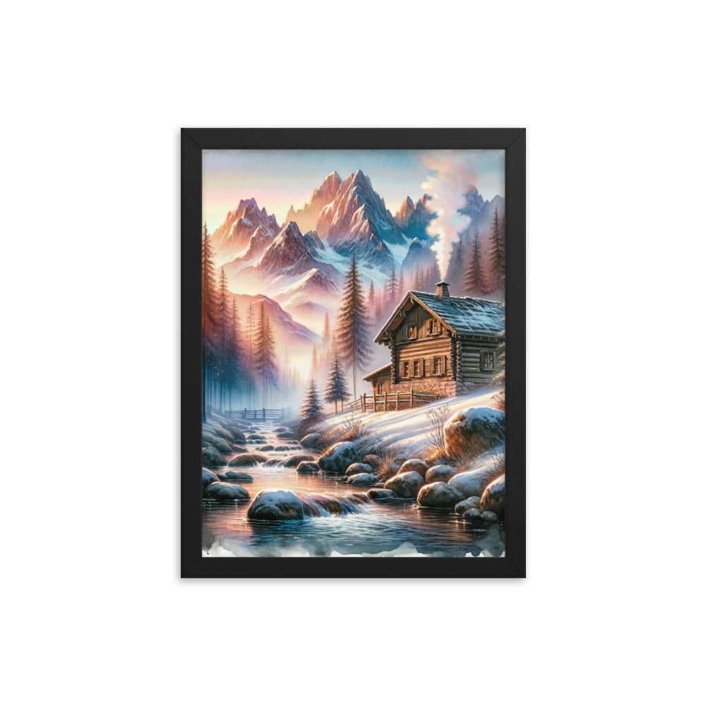 Aquarell einer Alpenszene im Morgengrauen, Haus in den Bergen - Premium Poster mit Rahmen berge xxx yyy zzz 30.5 x 40.6 cm