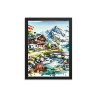 Aquarell der frühlingshaften Alpenkette mit österreichischer Flagge und schmelzendem Schnee - Premium Poster mit Rahmen berge xxx yyy zzz 30.5 x 40.6 cm