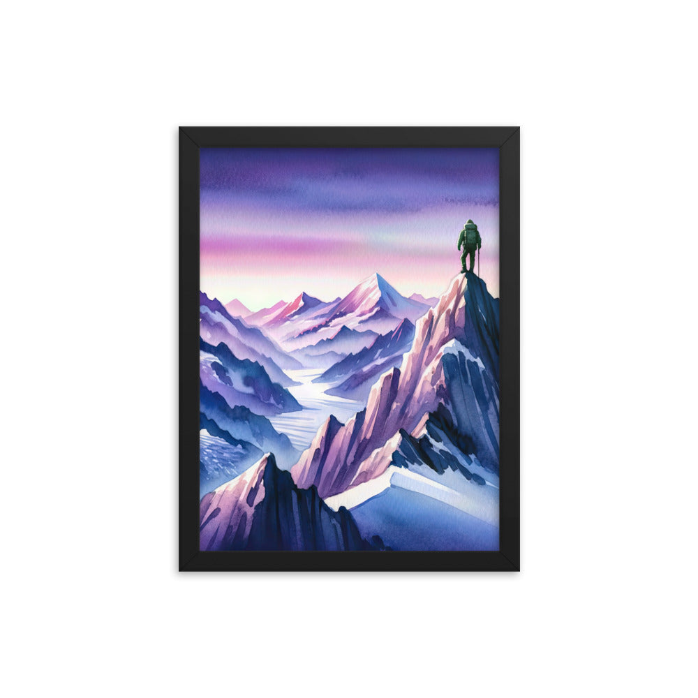 Aquarell eines Bergsteigers auf einem Alpengipfel in der Abenddämmerung - Premium Poster mit Rahmen wandern xxx yyy zzz 30.5 x 40.6 cm
