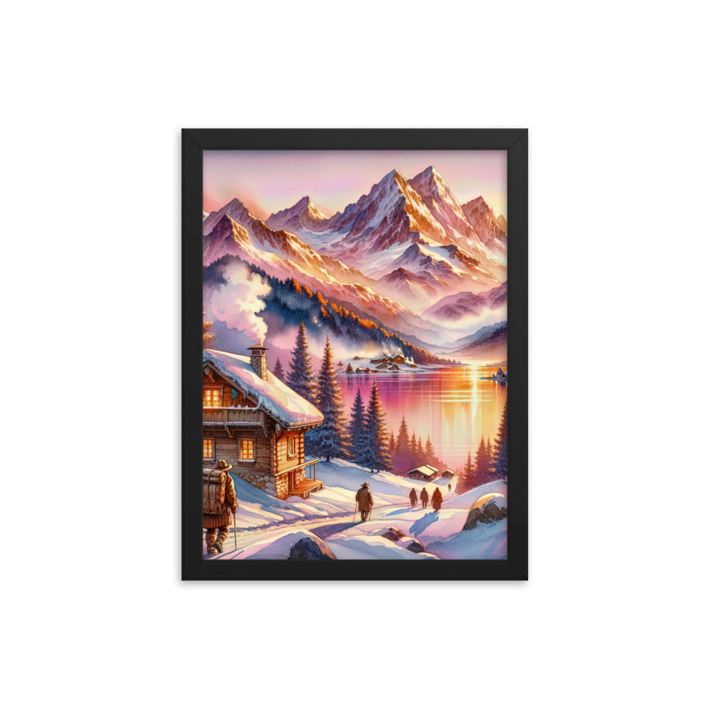 Aquarell eines Alpenpanoramas mit Wanderern bei Sonnenuntergang in Rosa und Gold - Premium Poster mit Rahmen wandern xxx yyy zzz 30.5 x 40.6 cm